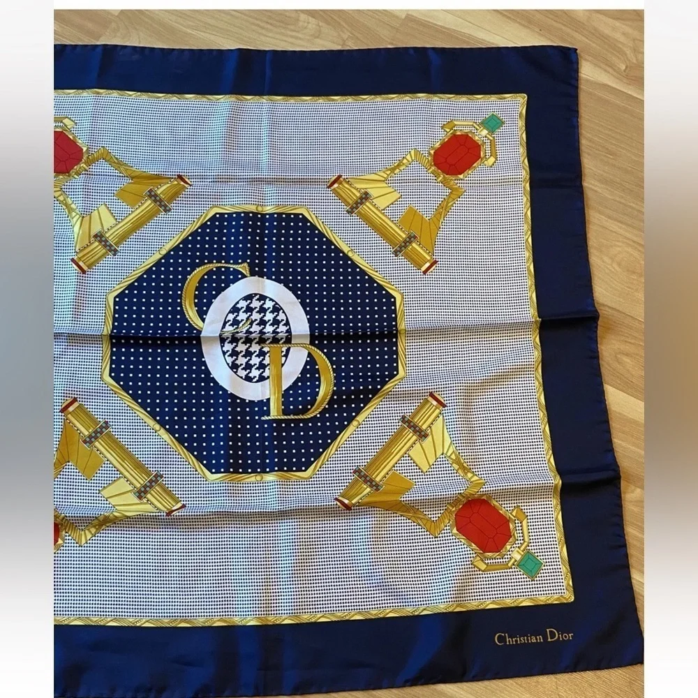 Christian Dior vintage Silk Scarf CD logo polka dot jewels RARE
